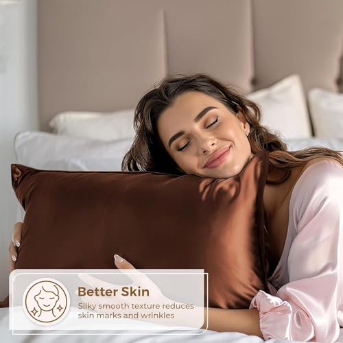 Image of Craftelio Satin Pillow Covers Set of 2 with 3 Free Random Color Hair Scrunchies - Anti-Frizz, Skin-Friendly, Soft & Durable Pillowcase Set for All Hair Types (Brown)