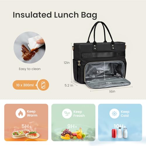 Image of LOVEVOOK Lunch Bag, Tote Bag for Women with Insulated Lunch Compartment, Large Capacity Work Tote fit 15.6 Inch Laptop, Teacher Nurse Bag for Work, Crossbody Bags for Women with Cup Holder, Black