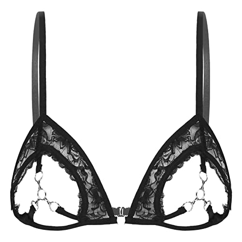 Acsuss Womens Sexy Lingerie Lace Floral Sheer Hollow Out Open Nipples Wireless Unlined Bra Tops 3# Black Large #TOP14