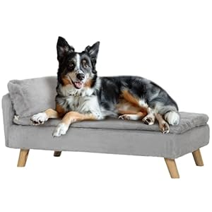 PawHut canapé pour Chien de Taille Moyenne, lit pour Chien avec Coussin Amovible et Lavable, canapé pour Animaux domestiques avec Pieds en Bois, avec Design surélevé, 20 kg, Gris Clair