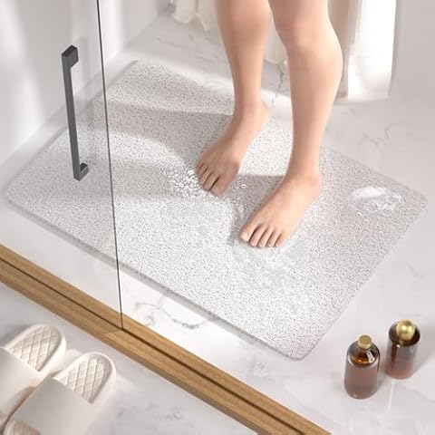 HITSLAM Shower mat Non Slip, 24 x 16 Inch Bath Mat for Tub with Drain Holes, Soft PVC Loofah Bathtub Mat Non Slip, Quick Drying Bathroom Shower Mat, White Cover