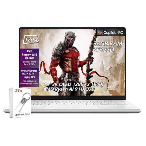 Image of ASUS ROG Zephyrus G14 14 inch 3K OLED 120Hz Gaming Laptop Copilot+ PC AMD Ryzen AI 9 HX 370 NVIDIA RTX 5070 Ti 12GB 32GB LPDDR5X RAM 2TB SSD WiFi7 Win11 Platinum White w /2TB USB Drive, W /GaLiMu