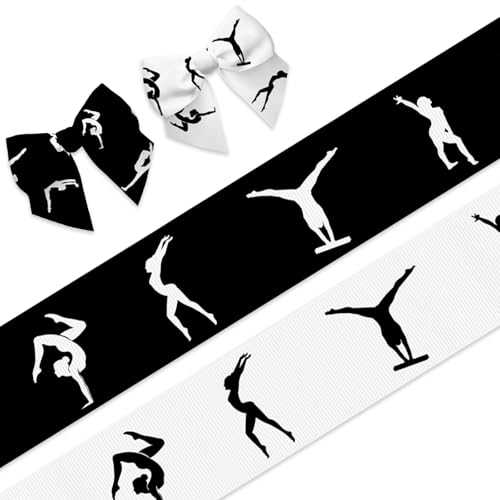 2 PCS Gymnastics Grosgrain Ribbons 3/4" Gymnastics Sports Decor Ribbons 5 Yards, Black White Craft Ribbons for Sports Meeting Party Favor Decoration Gymnast Gift Packaging DIY Supplies