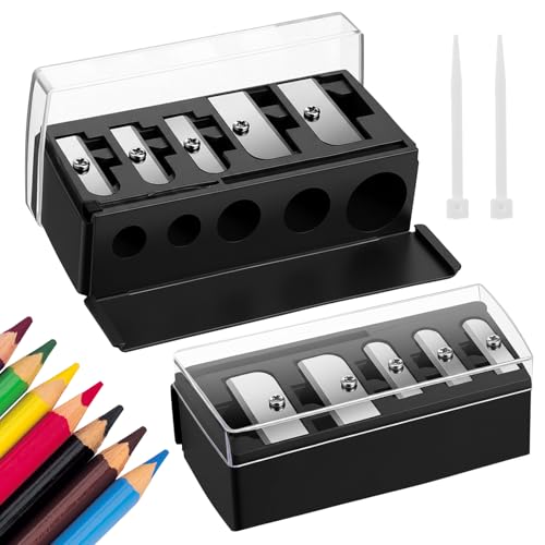 2 Pack Makeup Pencil Sharpener, 5 Hole Cosmetic Sharpener with Lid, Dual Holes Manual Tool for Eyeliner Eyebrow Lip Pencils - Portable Travel Beauty Accessories (Black)