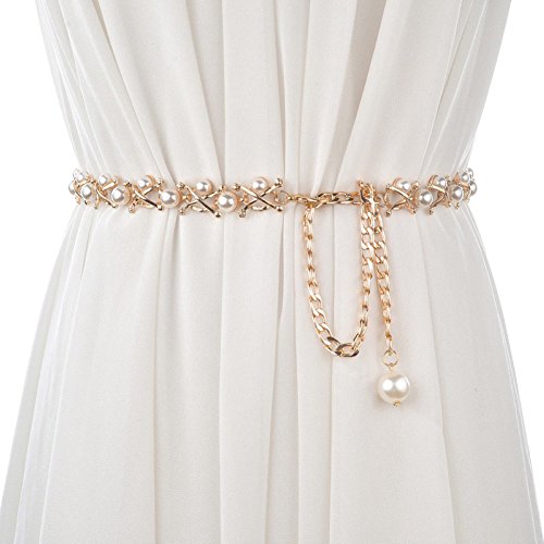 Song Qing Women Waist Strap Imitation Pearl Metal Chain Tassel Decorative Belt Fashion Belly for Jeans Dresses Gold2