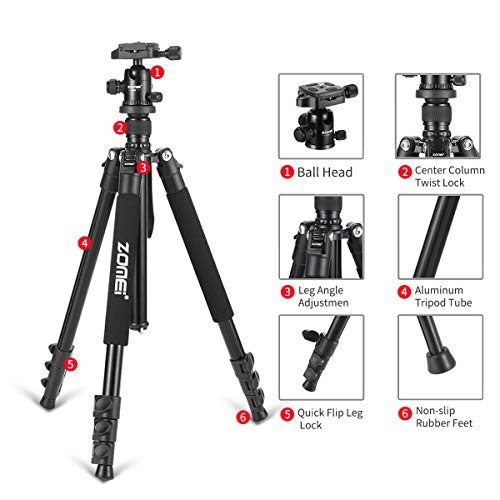 Zomei Q555 62.5'' Camera Tripod,Lightweight And Compact Aluminum Portable Travel Tripod With 360 Degree Ball Head For Vlog Nikon Canon Sony All Dslr And Digital Camera #TOP2
