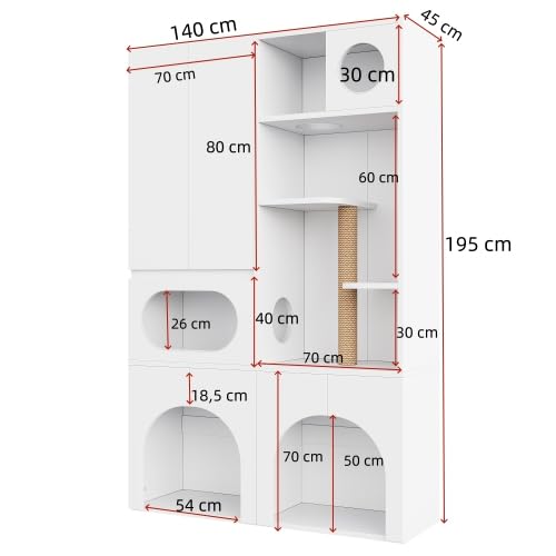 Armario de arena de 195 cm, 2 bandejas con rascador sisal, color blanco