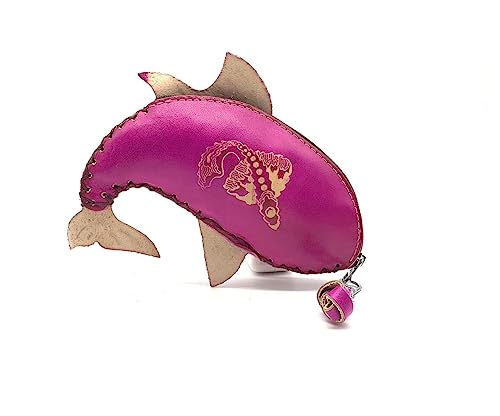 Handmade Genuine Leather 3D Animal Shark Coin Purse with Removable wrist strap (Pink)3