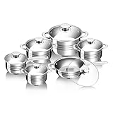 topfennockerl INHALT:Ø24X14,5 cm Kasserolle mit Deckel - Ø20X12,5 cm Stielkasserolle mit Deckel - Ø18 X 11,5 cm Kasserolle mit Deckel - Ø16 X10,5 cm Kasserolle mit Deckel - Ø24X 7,5 cm Bratpfanne mit Deckel - Ø16X10,5 cm Stielkasserolle mit Deckel