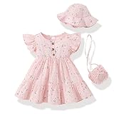 Toddler Baby Girl Boho Dress Ruffle Button Down Casual Cotton Floral Summer Beach Dresses Sundress with Hat and Bag (US, Age, 18 Months, 24 Months, Light Pink)