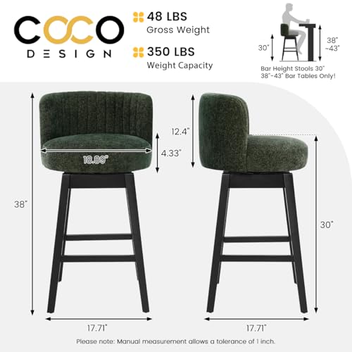 Image of COCO DESIGN Swivel Bar Stools Set of 6, 30 inch Bar Height Mid Century Modern Barstools with Back, Chenille Upholstered Seat and Solid Wood Legs, for Bar Kitchen Island, Elegant Green
