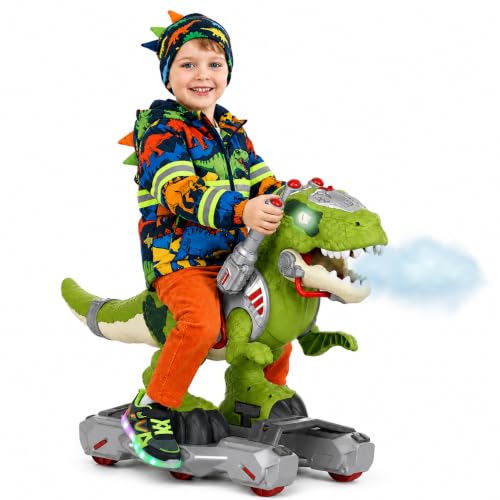 Image of Dinosaur Ride On Push Car for Little Kids, Battery Operated Push & Ride Electric Foot-to-Floor Sliding Rideable Toy Scooter with Music, Light & Smoke for Toddlers (Green)