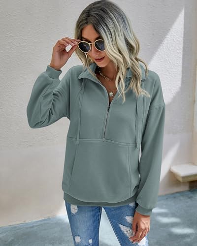 Image of PRETTYGARDEN Women's Casual Long Sleeve Zipper Sweatshirt Drawstring Loose Quarter Zip Pullover Tops with Pockets