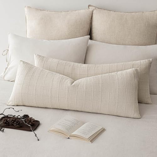 Image of Foindtower Set of 1 Decorative Linen Check Throw Pillow Cover Neutral Long Body Lumbar Cushion Cover Farmhouse Vintage Home Decor for Sofa Chair Couch Bedroom Living Room,14x36 Inch,Natural Beige