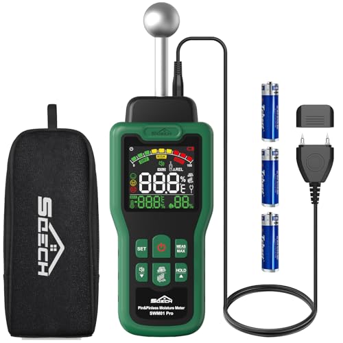 Feuchtigkeitsmessgerät, SQECH Feuchtigkeitsmesser mit Thermometer, Alarm, Multifunktionaler Feuchtemessgerät mit Farb-LCD, Nadel-Sensor für Wand, Holz, Mauerwerk,Wohnwagen, Wohnung