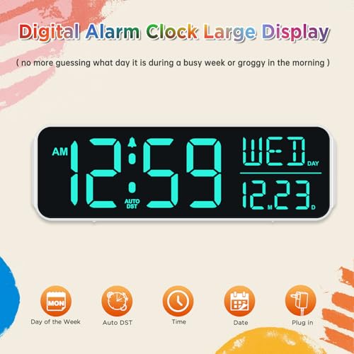 Image of Peakeep Large Display Digital Alarm Clock for Bedroom with Date Day of Week | Colorful Calendar Desk Table Clocks for Living Room Office, Dimmable Electric Clock Battery Backup, 5 Volumes, Loud, Auto DST