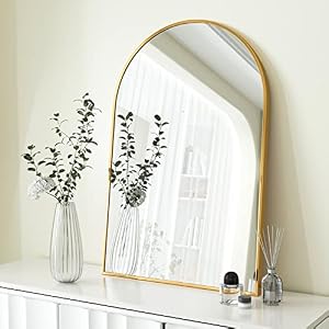 HARRITPURE 24″ x 36″ Wall Mirror Arched Bathroom Mirrors Aluminum Alloy Frame Contemporary Hanging Vanity Mirror for Bathroom Living Room Bedroom Entryway, Gold