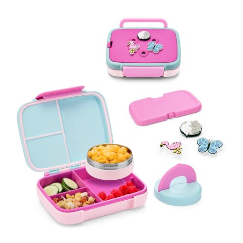 Ello Benni™ Kids Bento Box with Insulated Food Jar and Ice Pack, Leakproof Lunch Container, 3 Compartments, Charm Compatible, Hot and Cold Food Storage for School Lunch and Field Trips | Razzmatazz