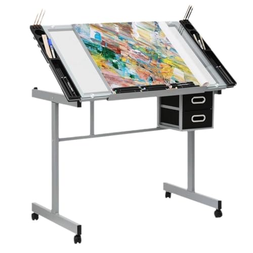 Adjustable Height Glass Top Rolling Drafting Table with Drawers Ideal Craft Station for Home Office W Station