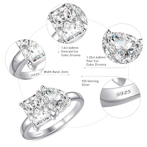 Toi Et Moi Ring 925 Sterling Silver Women Engagement Ring White Gold Plated 1.5ct 6x8mm Double Stone Ring Emerald & Pear Cut Cubic Zirconia Wedding Band Width Band 2mm Size 63