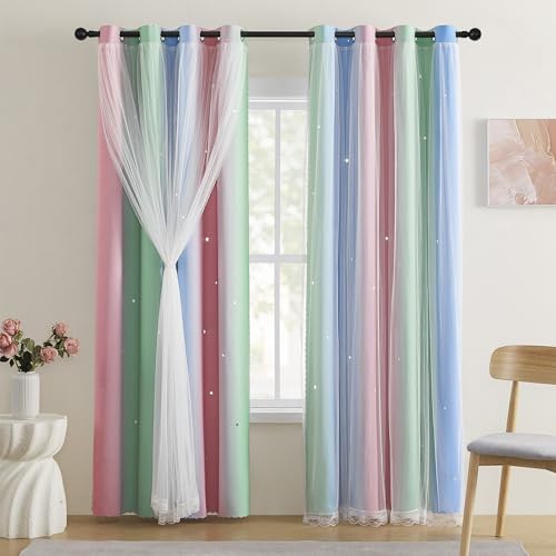 XiDi Pink & Rainbow Curtains for Kids & Girl Bedrooms - Blackout, Blue & Green 34x63 Inch Long with Unicorn Wall Decals