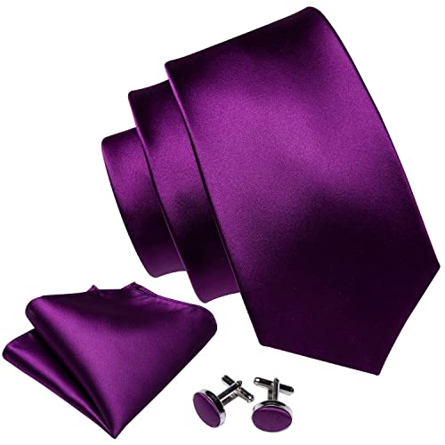 Image of Barry.Wang Plain Men Silk Ties Extra Long Satin Necktie for Wedding Business Handkerchief Cufflinks Set Solid Colors