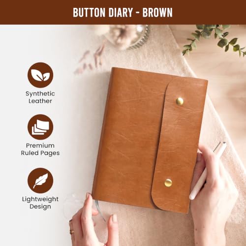 Image of The Messy Corner Leather Button Diary | A5 Travel Notebook & Daily Planner for Men and Women | Vegan & Premium Quality | 80 GSM, 140 Ruled Pages - Stylish Brown Notepad