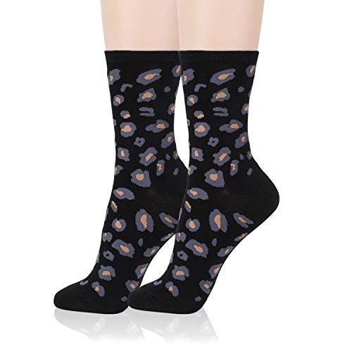 Kikiya Socks Women Patterned Crew Socks | 5 Pairs Leopard Cute Sexy Cheetah Animal Print Camoflouge Novelty Cotton Daily Socks, Womens Ladies & Girls Gift Casual Korean Socks | Leopard Patterned A #TOP6