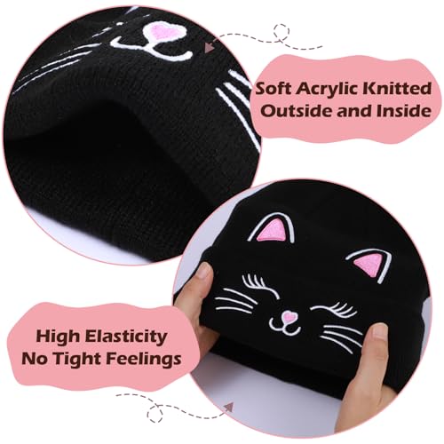 Kids Gils Cat Beanies Cute Embroidery Hats Winter Knitted Hat Unisex Skull Cuffed Skiing Caps Hats 7-12 Years4