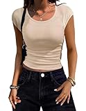 Zeagoo Cap Sleeve Tops for Women Crewneck Going Out Tank Tops Ribbed Knit Fitted Casual Undershirts Beige L