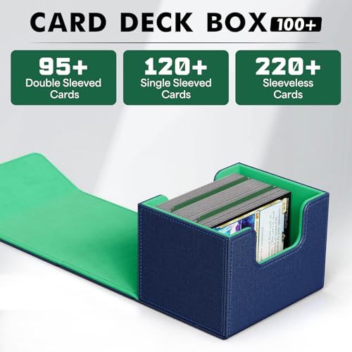 Image of ZLCA Card Deck Box for Trading Cards, MTG Commander Deck Box Holds 120+ Single Sleeved Cards, Leather Magnetic Card Storage Box Fits for TCG CCG Magic Cards (Blue&Green)