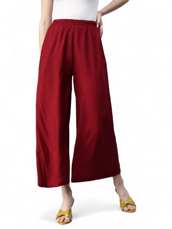 Womens 100% Viscose Rayon Solid Pyjama| Mid-Rise Relaxed Baggy Fit Flared Full-Length Lounge Pant with Elasticated Waistband & Side Pocket | Comfortable Casual & Nightwear(XS:Maroon)-image-8
