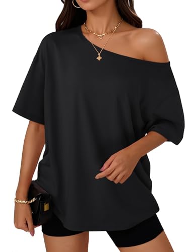 Trendy Queen Womens Off the Shoulder Tops Oversized T-Shirts Short Sleeve Tees Summer 2026 Casual Spring Clothes Workout Gym Y2k Cute Going Out Plus Size Fashion Clothing Black XL