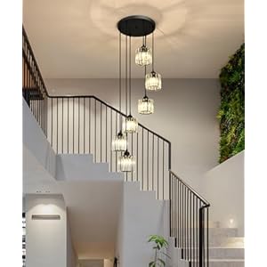 Long Chandeliers for High Ceilings,Modern Crystal Pendant Light,Raindrop Drop Lamp,Hanging Flush Mount Lighting Fixtures for Spiral Staircase,Foyer,Entryway,Living Room,Black (6 Lights)