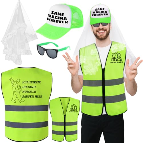DONCOO Jga Männer Weste Junggesellenabschied Männer Kostüm,Junggesellenabschied Hut und Schleier,Dekoration Warnweste,Kreative Geschenke für Herren JGA Party Zubehör,Hochzeit Deko