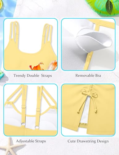 Image of Girls Swimsuit Tropical 3 Piece Tankini Adjustable Strap Bathing Suit Solid Modest Swimwear with Drastring Skirt 9-16y
