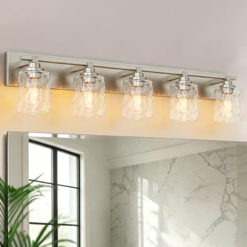 Image of Bathroom Light Fixtures,5-Light Brushed Nickel Vanity Lights Over Mirror | Modern Wall Light,Clear Ripple Glass Shade,Sturdy Metal Frame,For Bathroom Remodel,Easy Install,E26 Socket,ETL-Listed 36-inch