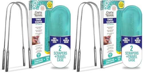 Image of GuruNanda Tongue Scraper for Adults (4 Pack) with Travel Case, 420 Medical-Grade 100% Stainless Steel Tongue Cleaner, Aids in Fresh Breath & Oral Care