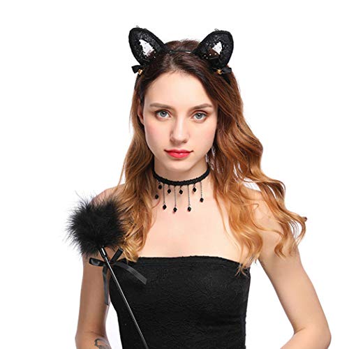 Catery Sexy Lace Bunny Ears Headbands Small Bell Cat Ears Headband Women Halloween Hair Accessories for Nightclubs & Masquerade & Halloween & Christmas (Black)