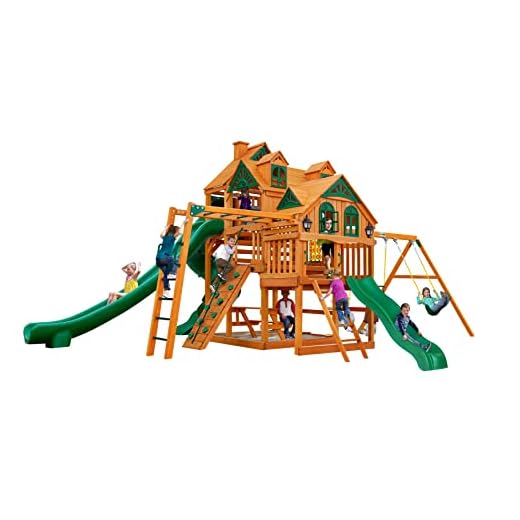Gorilla Playsets 01-0089-AP Empire Wood Swing Set with 3 Play Decks, 3 Slides, and Monkey Bars, Brown