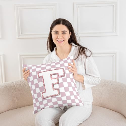 Image of Erosebridal Pink Initial F Throw Pillow Covers 16x16 Set of 2 Kawaii Plaid Checkered Pillow Covers Cute Personalized Monogram Cushion Cover Fashion Grids Gingham Pillow Cases for Couch Sofa