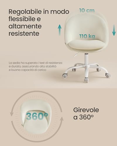 SONGMICS Sedia da Studio, Sedia Girevole con Parte Anteriore di Velluto, Poltrona da Scrivania Imbottita in Gommapiuma Regolabile in Altezza, Studio, Camera da Letto, Bianco Crema OBG020WD01 - Immagine 5