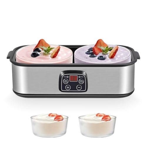 Yogurt Maker 2000ml with 2 x 1000ml Glass Jars, LED Display, Adjustable Temp & Timer, Electric Yoghurt Maker Machine for Making Organic Yogurt, Natto, Healthy Homemade Desserts