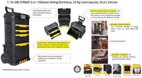 Bild 5 - Stanley Rollende Werkstatt aus Metall-Kunststoff 1-79-206 / Werkzeugwagen leer mit 3 modularen Einheiten / Vielseitige Werkzeugbox für Kleinteile und große Werkzeuge