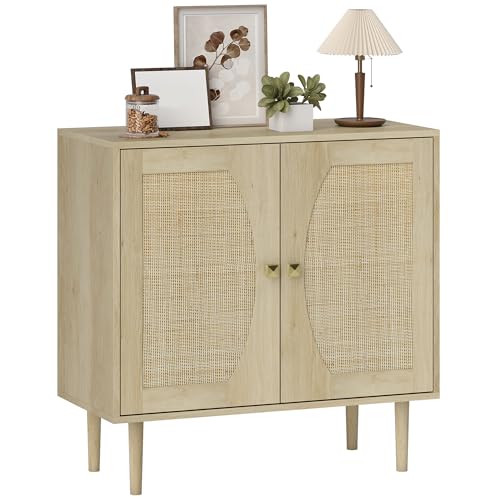 HOMCOM Aparador de cocina de diseño bohemio puertas dobles con 2 niveles, frente de caña 80 x 38 x 79 cm efecto madera natural