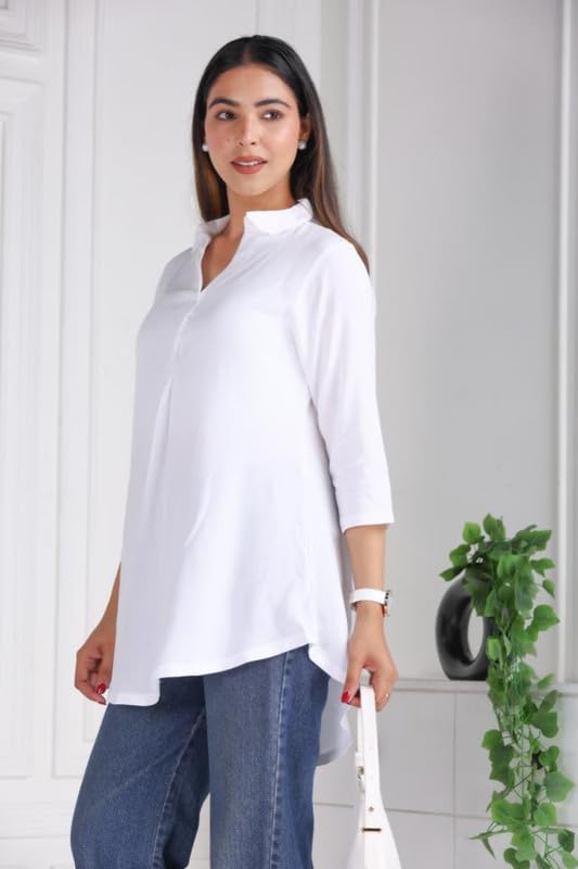 Image of Mlada Rayon Flare Top for Women | 3 /4th Sleeve Regular Fit and Flare Top | Women Office Tops Tunic | Western Long Shirt Top for Women | Shirt Collar Top for Women | Rayon Tunic Tops for Women Western