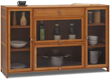 MoNiBloom Sideboards and Buffets with Storage, 53" Kitchen Buffet Storage Cabinet with Acrylic Glass Doors and Drawer, Bamboo Cupboard Coffee Console Table for Living Room Dining Room Kitchen, Brown