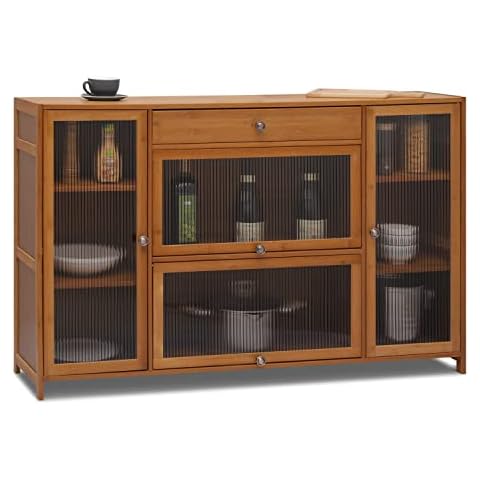 MoNiBloom Sideboard - 53” Buffet Storage Cabinet, Acrylic Glass Doors & Drawer, Bamboo - Brown Cover