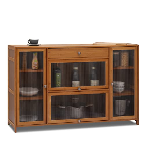 Monibloom Sideboards And Buffets With Storage, 53" Kitchen Buffet Storage Cabinet With Acrylic Glass Doors And Drawer, Bamboo Cupboard Coffee Console Table For Living Room Dining Room Kitchen, Brown #TOP3