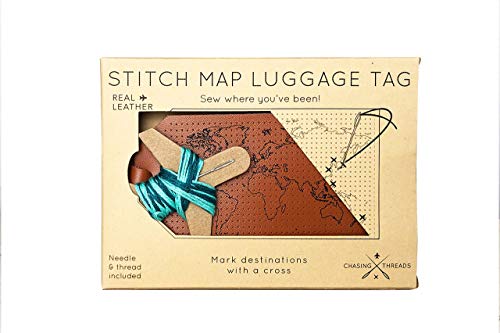 Stitch Your Travels World Map Leather Luggage Tag (Brown)